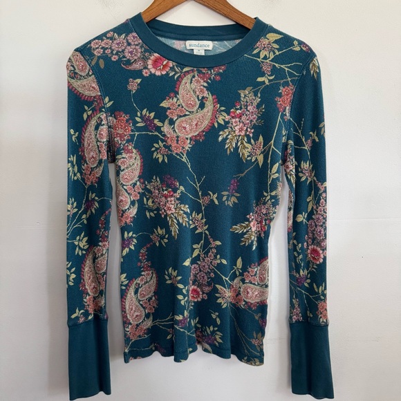 Sundance Teal Paisley Floral Thermal Waffle Long Sleeve Top Shirt Medium Boho - Picture 4 of 8